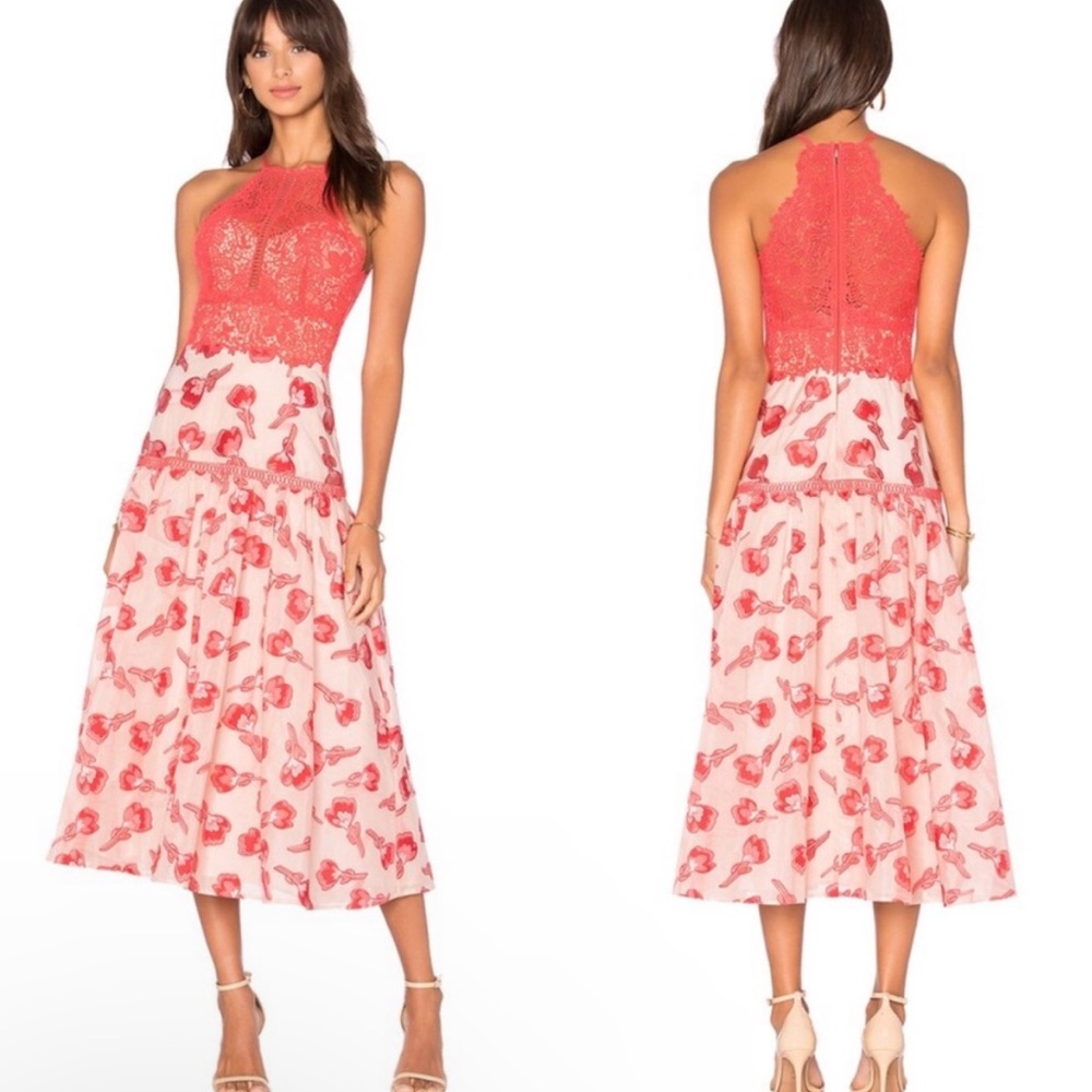 Rebecca Taylor Red Cream Floral Jacquard Embroidery Nude Zinnia Midi Dress NWT 8